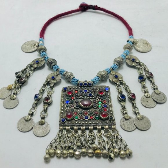 Tribal Handmade Beaded Chain Necklace With Long Tassels and Coins - Picture 2 of 12